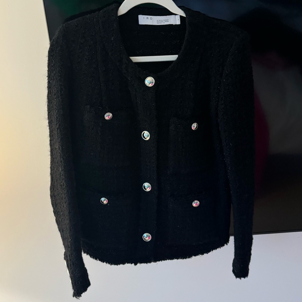 IRO Paris Black Tweed Jack with Metallic Thread and Silver Buttons